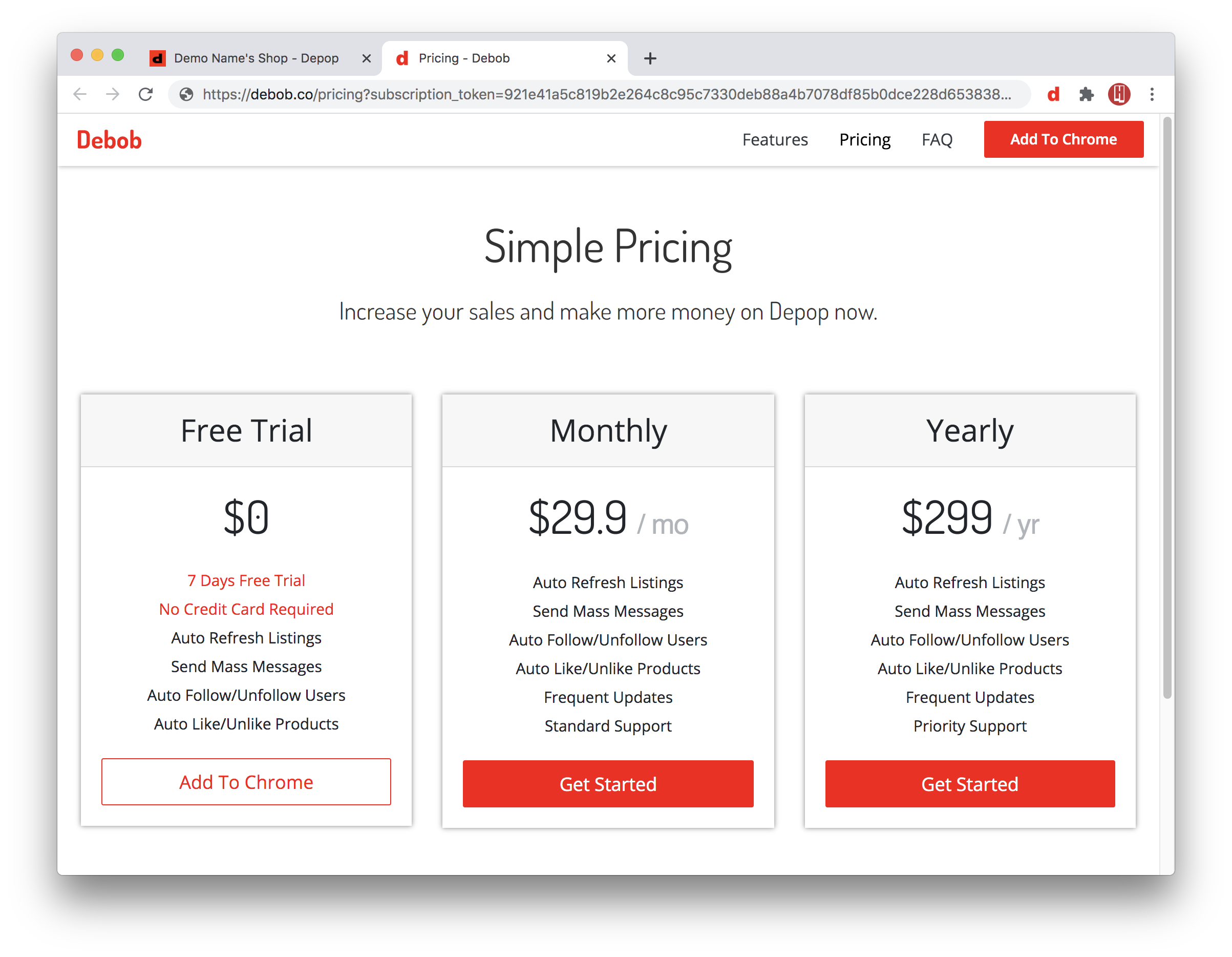 Depop bot pricing page