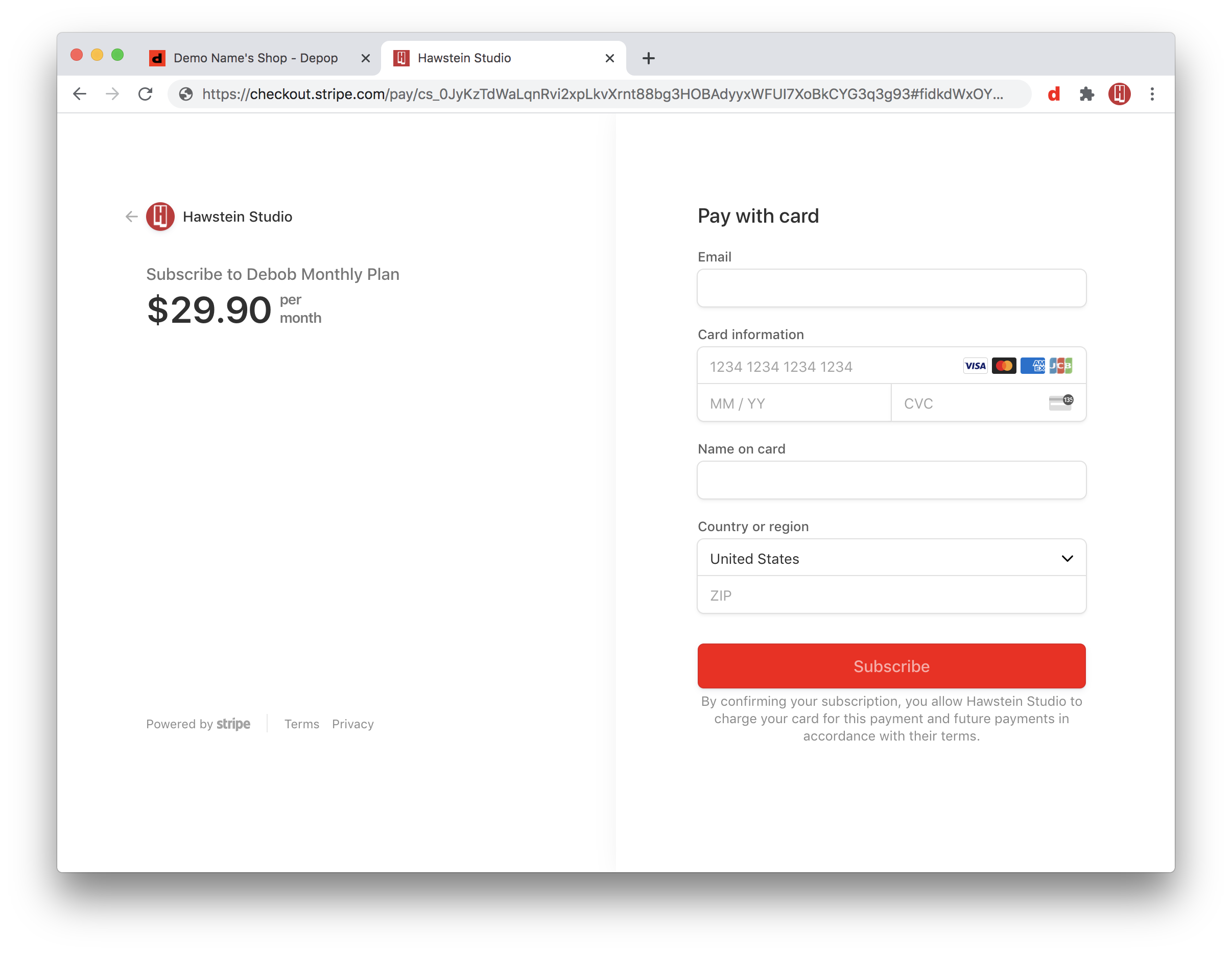 Stripe checkout page